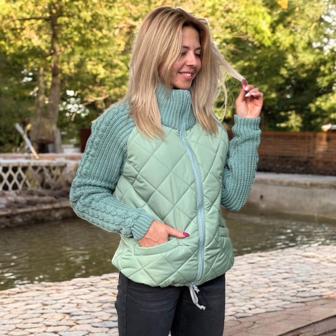 Dames Gewatteerde Jas met Gebreide Mouwen – Comfortabel & Stijlvol