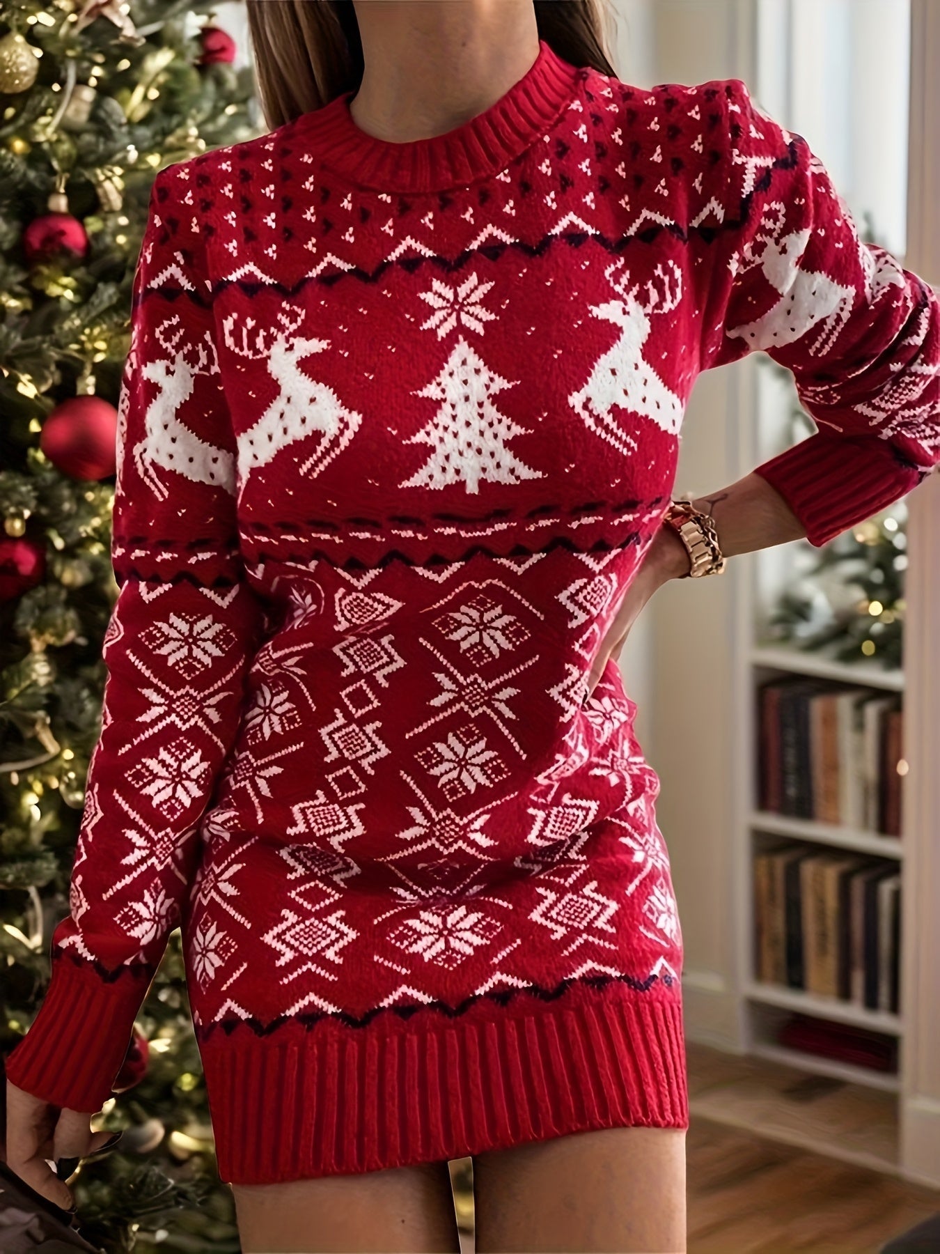 Winter Sweater Dress voor Dames – Gebreide Kerstjurk met Print