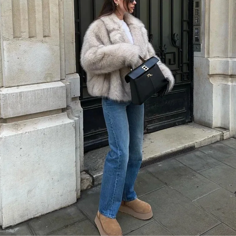 Dames Zachte Winterjas – Elegante Faux Fur Kort Jack