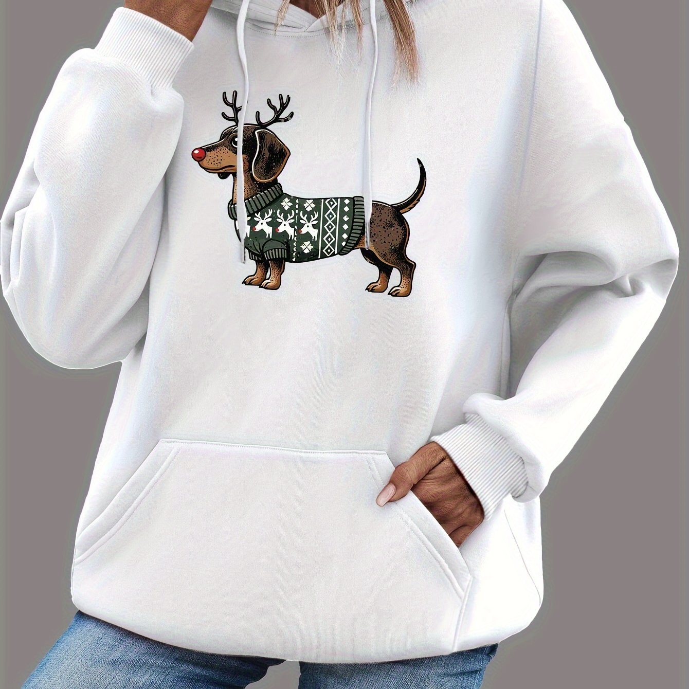 Dames Kerst Hoodie met Teckel Print – Warme Winter Hoodie
