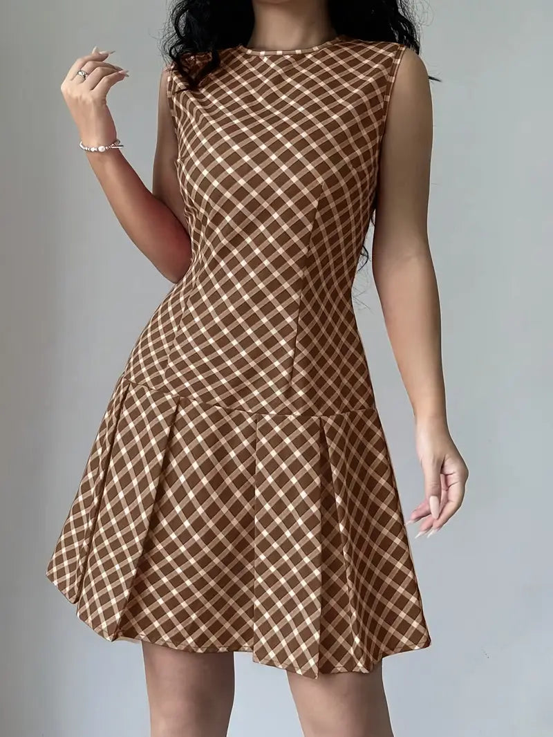 Mouwloze A-lijn Jurk met Vintage Ruitprint