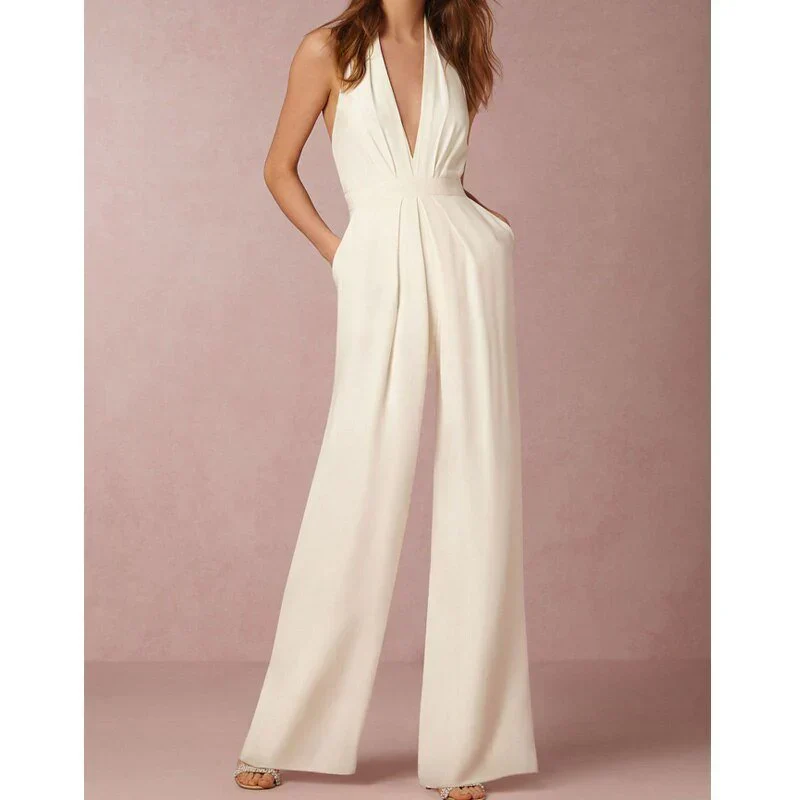 Mouwloze Dames Jumpsuit met Diepe V-Hals en Palazzo Pijpen