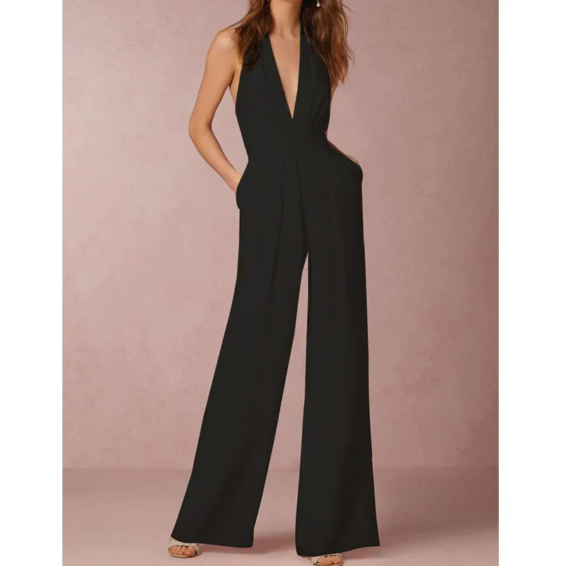 Mouwloze Dames Jumpsuit met Diepe V-Hals en Palazzo Pijpen