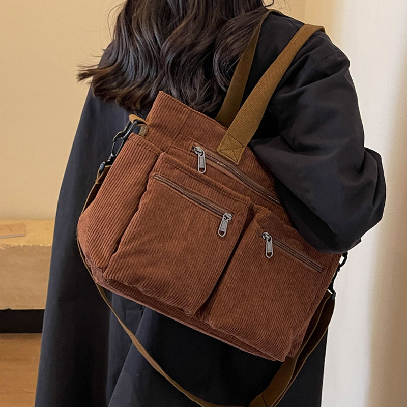 Corduroy Schoudertas Dames – Ruime Shopper met Ritssluiting