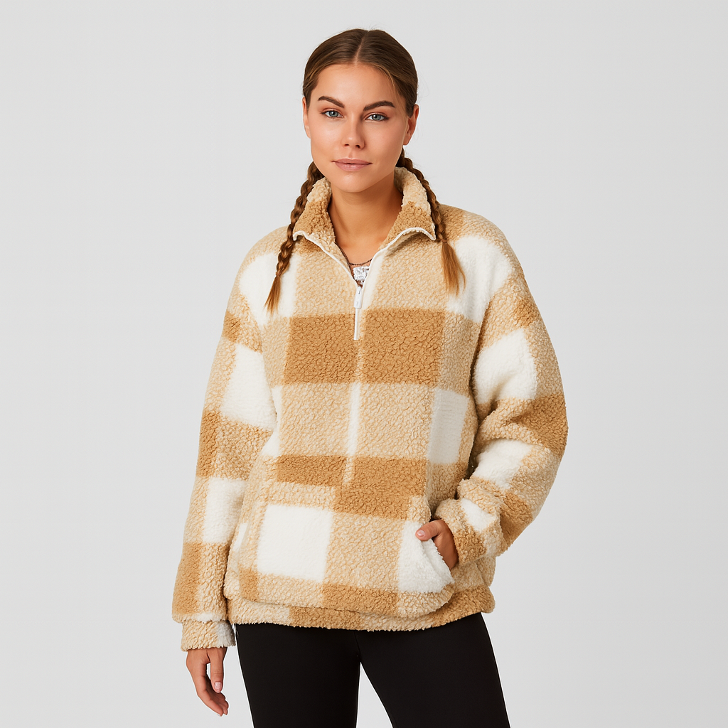 Dames Geruite Fleece Trui – Zacht, Warm & Comfortabel Ontwerp