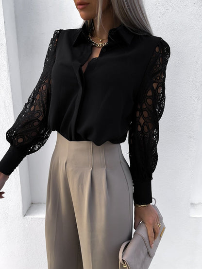 Romantische Witte Kanten Blouse met Lange Mouwen