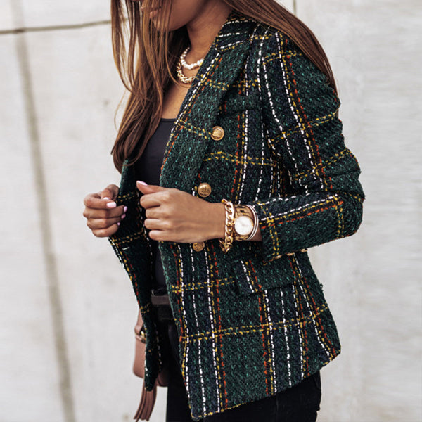 Dames Geruite Blazer met Dubbele Rij Knopen – Klassiek en Elegant
