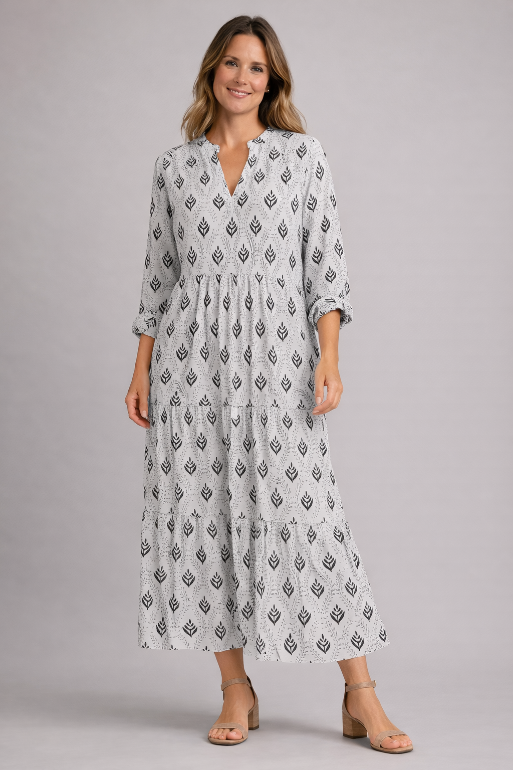 Maxi Jurk Dames V Hals Stippenprint Lange Mouwen Elegante