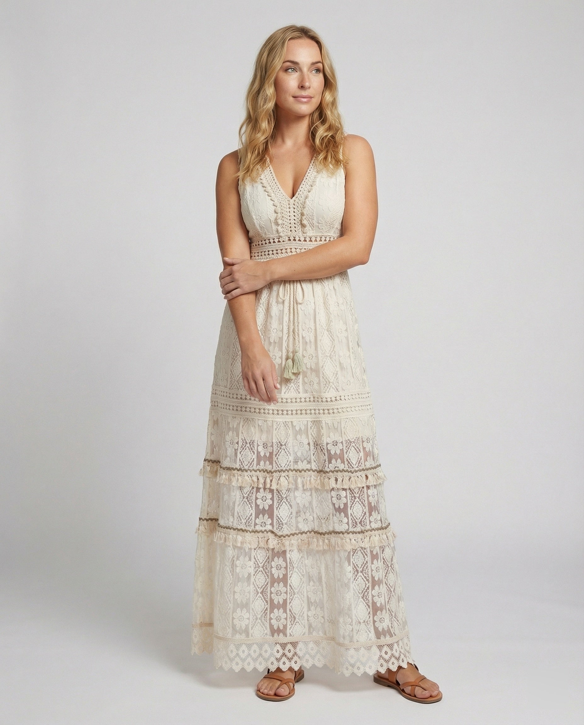 Maxi Jurk Boho V Hals Kantdetails Mouwloos Dames Zomer