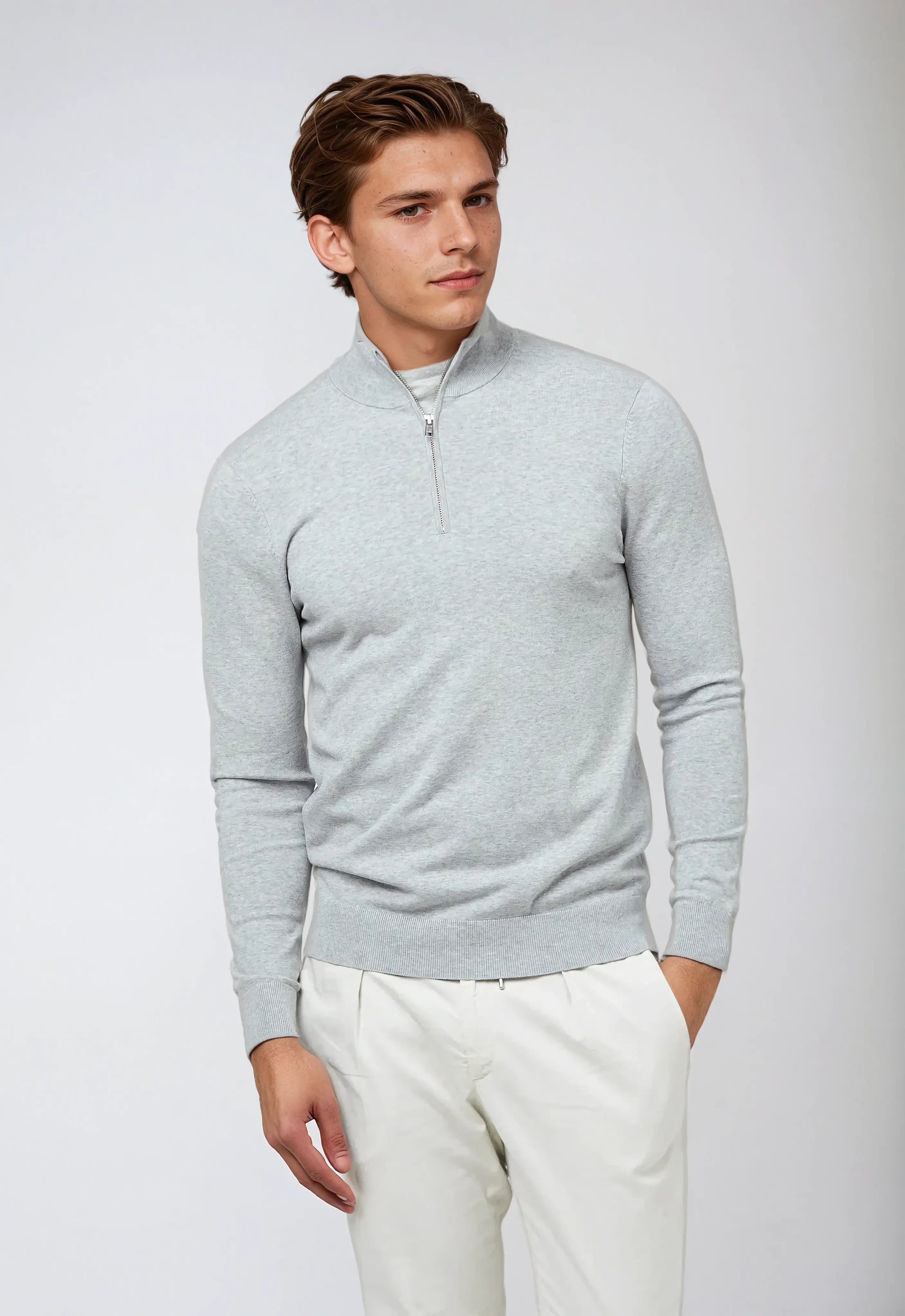 Lichtgrijze Half Zip Sweater Heren – Comfort en Stijl