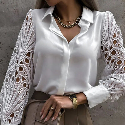 Romantische Witte Kanten Blouse met Lange Mouwen