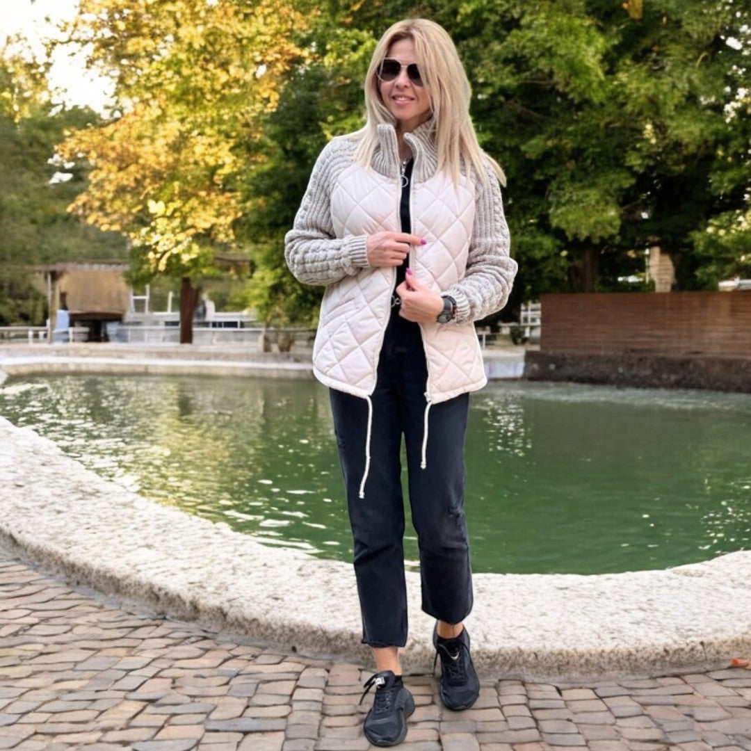 Dames Gewatteerde Jas met Gebreide Mouwen – Comfortabel & Stijlvol