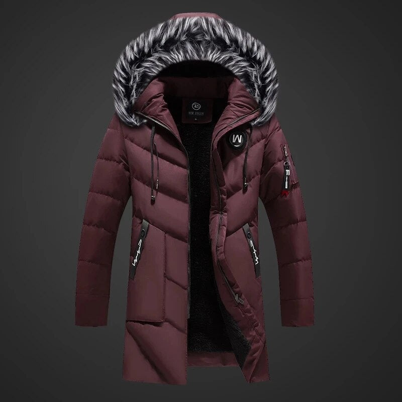 Heren Lange Winterjas met Capuchon en Faux Fur Kraag