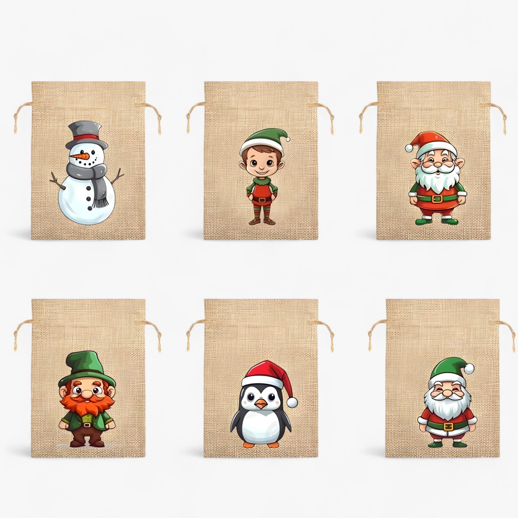 Kerst Cadeauzakjes – Linnen Gift Bags met Vrolijke Feestfiguren