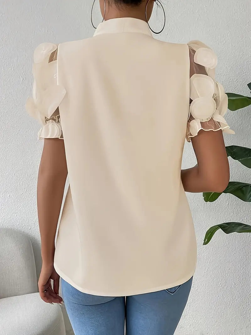 Blouse Dames Strikdetail Pofmouwen Elegante Pasvorm Dames
