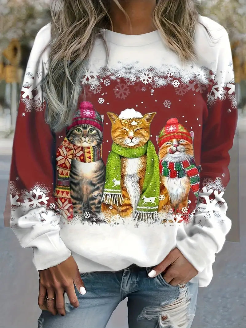 Kerstpullover met schattige kat opdruk voor dames-mezamstore.nl