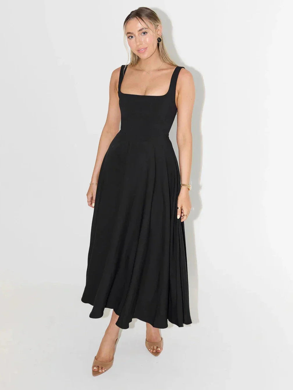 Midi Jurk Hoge Taille Vierkante Hals Elegante Pasvorm Dames