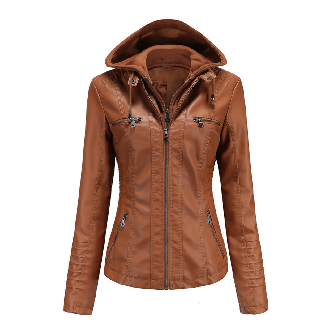 Elegante Leren Damesjas met Dubbele Rits en Capuchon