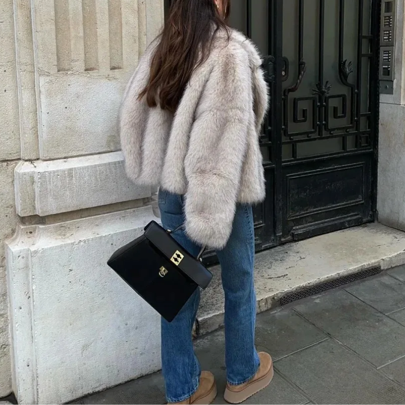 Dames Zachte Winterjas – Elegante Faux Fur Kort Jack