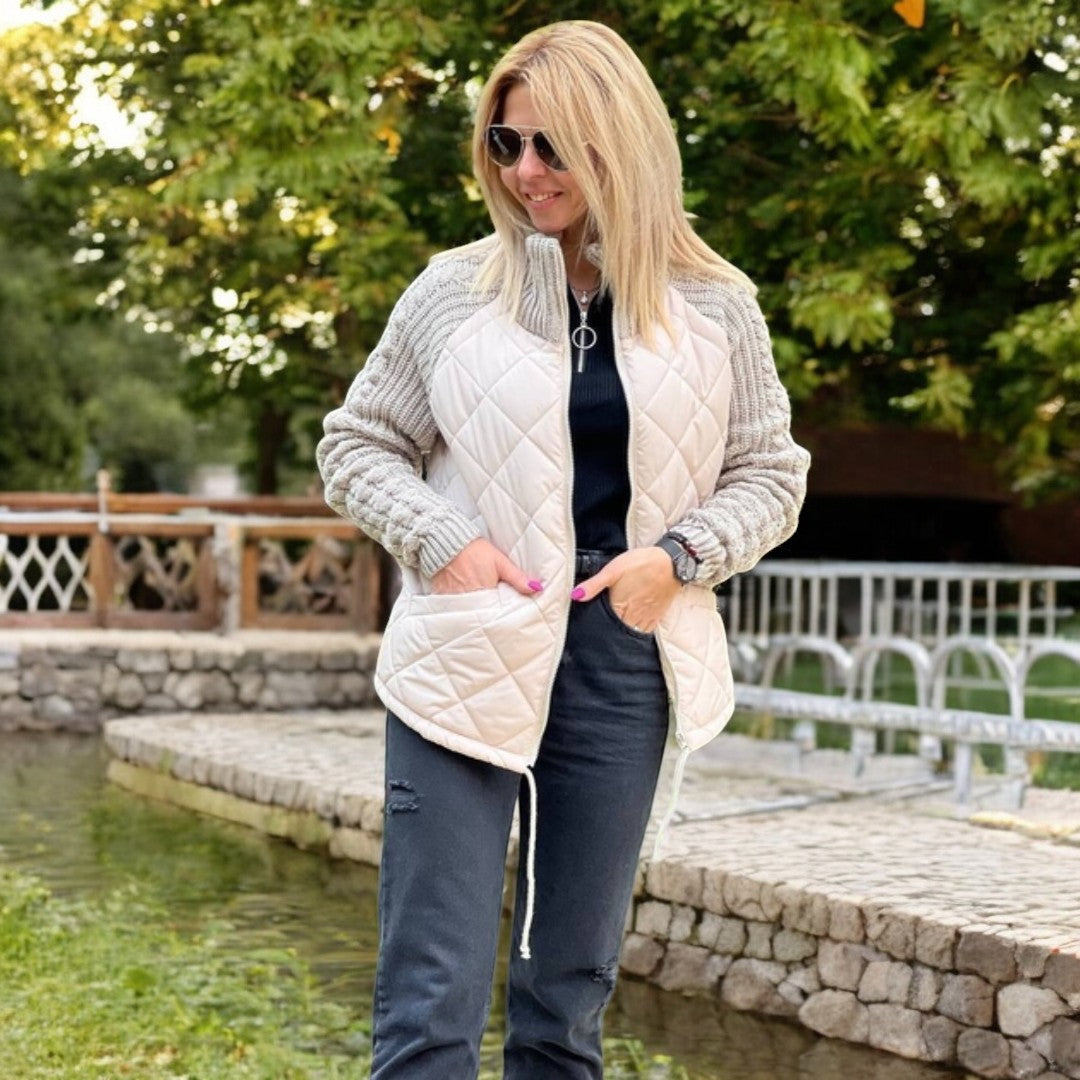 Dames Gewatteerde Jas met Gebreide Mouwen – Comfortabel & Stijlvol