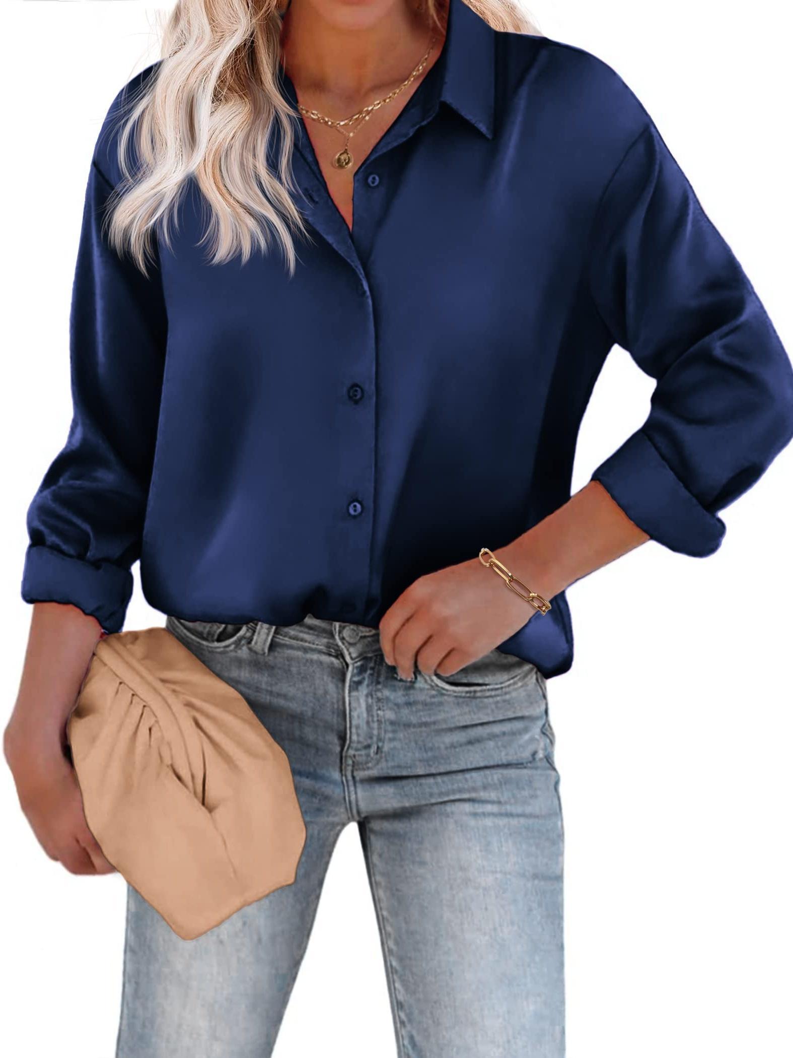 Casual Satijnen Blouse met Knoopsluiting en Lange Mouwen