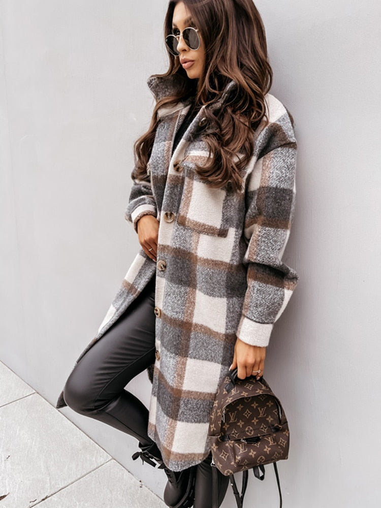 Lange Dames Jas Oversized Geruit – Warme Winterjas in 4 Kleuren
