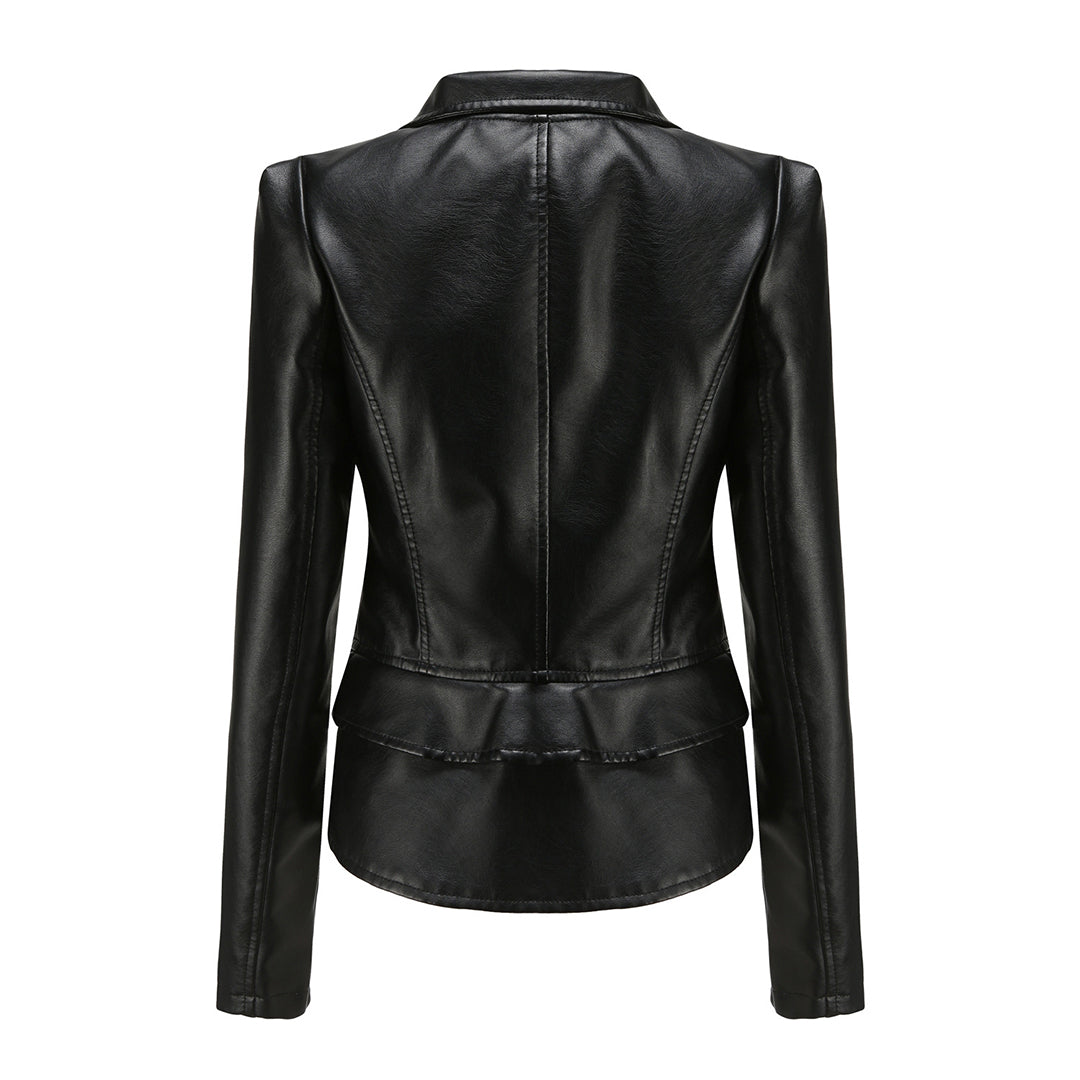 Elegant Leren Jasje met Asymmetrische Rits en Reverskraag