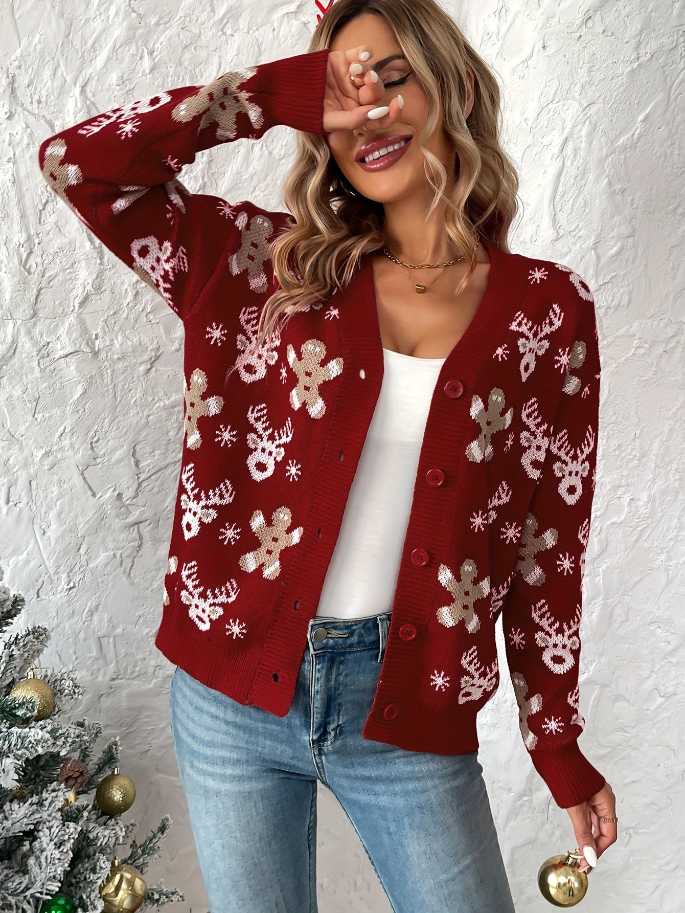 Kerst Cardigan voor Dames – Gebreid Vest met Winterse Print