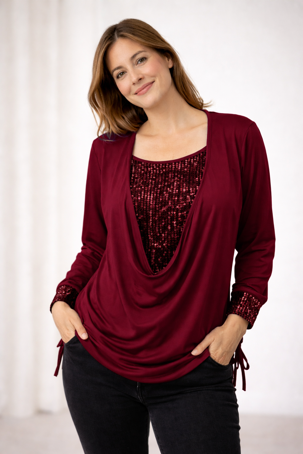 Blouse Pailletten Lange Mouwen Losvallend Ronde Hals Dames