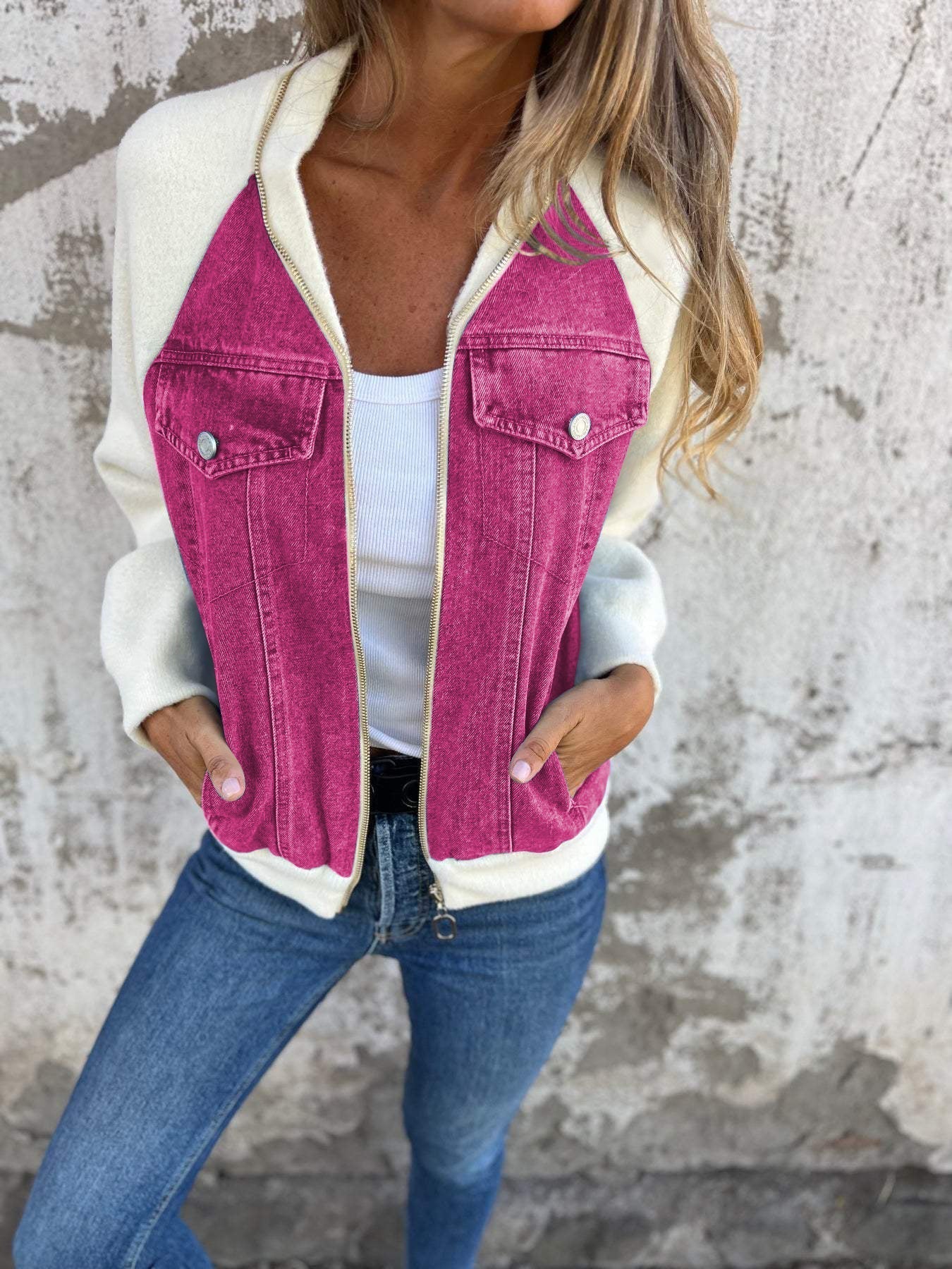 Trendy Damesjas – Denimlook Jas met Gebreide Mouwen en Casual Stijl