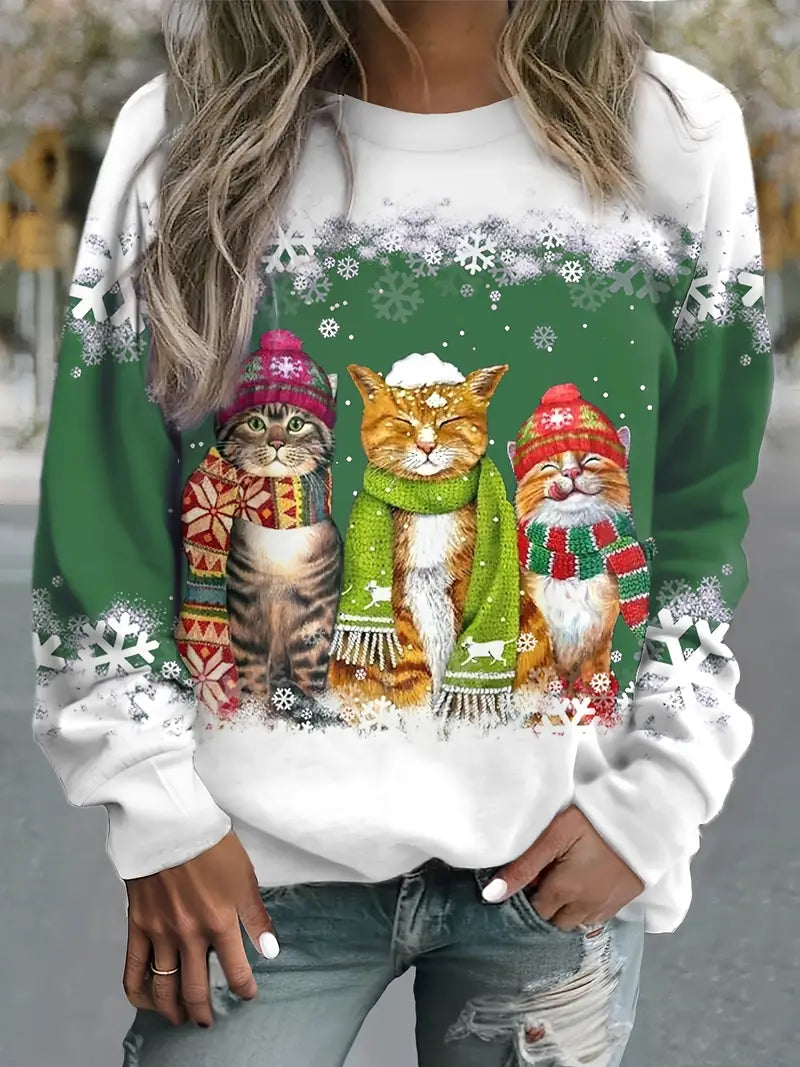 Kerstpullover met schattige kat opdruk voor dames-mezamstore.nl