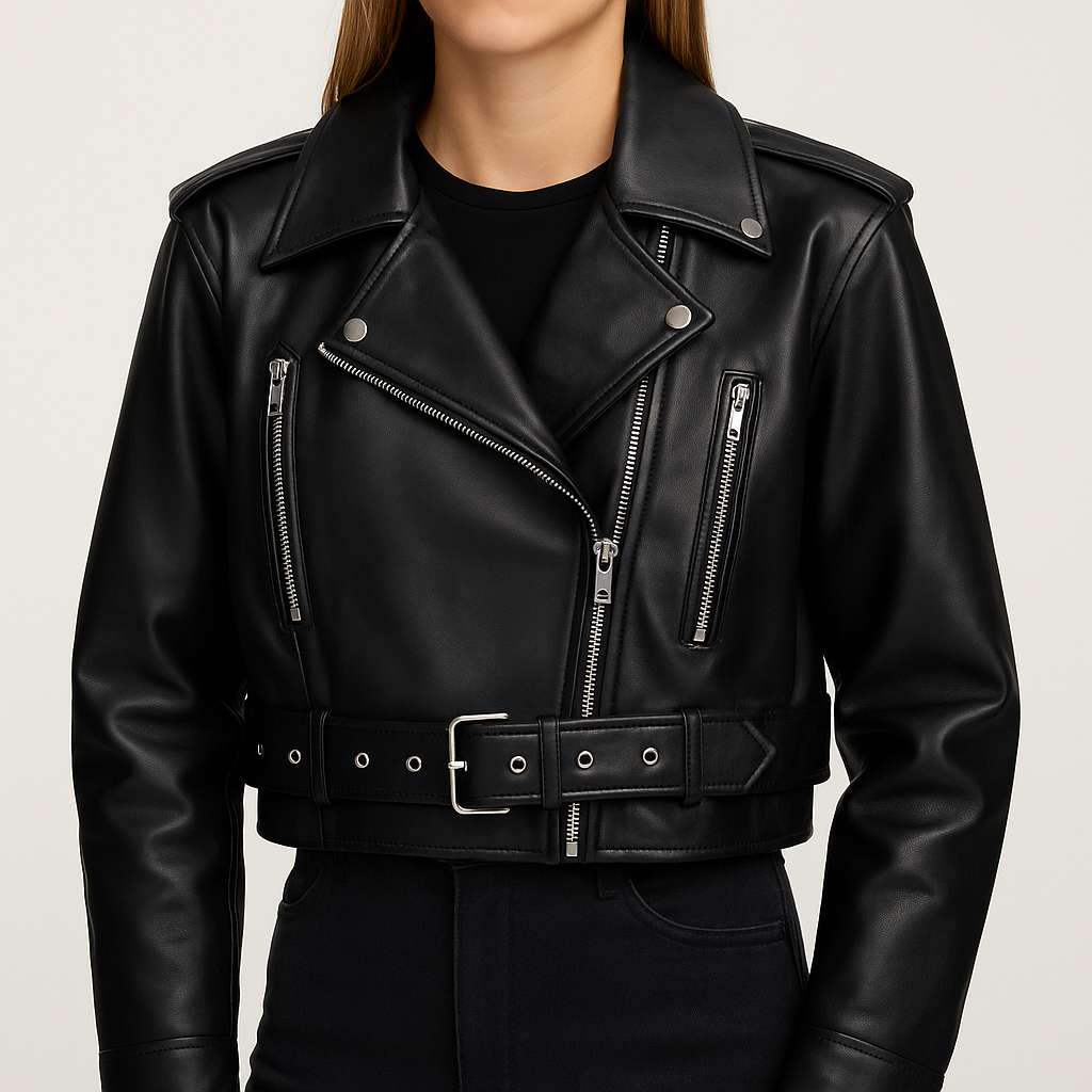 Dames Kort Bikerjack met Ceintuur en Ritsdetails