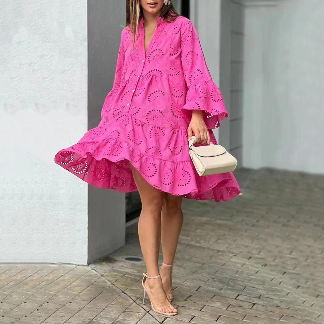 Zomerjurk Dames Ajour V Hals Driekwart Mouwen Elegante Look