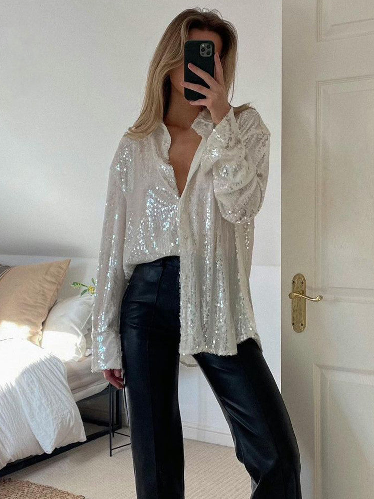 SparkleFlow - Trendy Oversized Blouse met Glitters voor Stijlvolle Dames