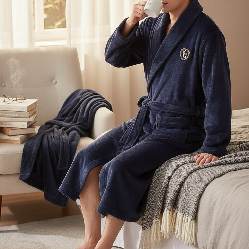 Heren badjas van flanel met V-hals en lange mouwen – Comfortabele homewear