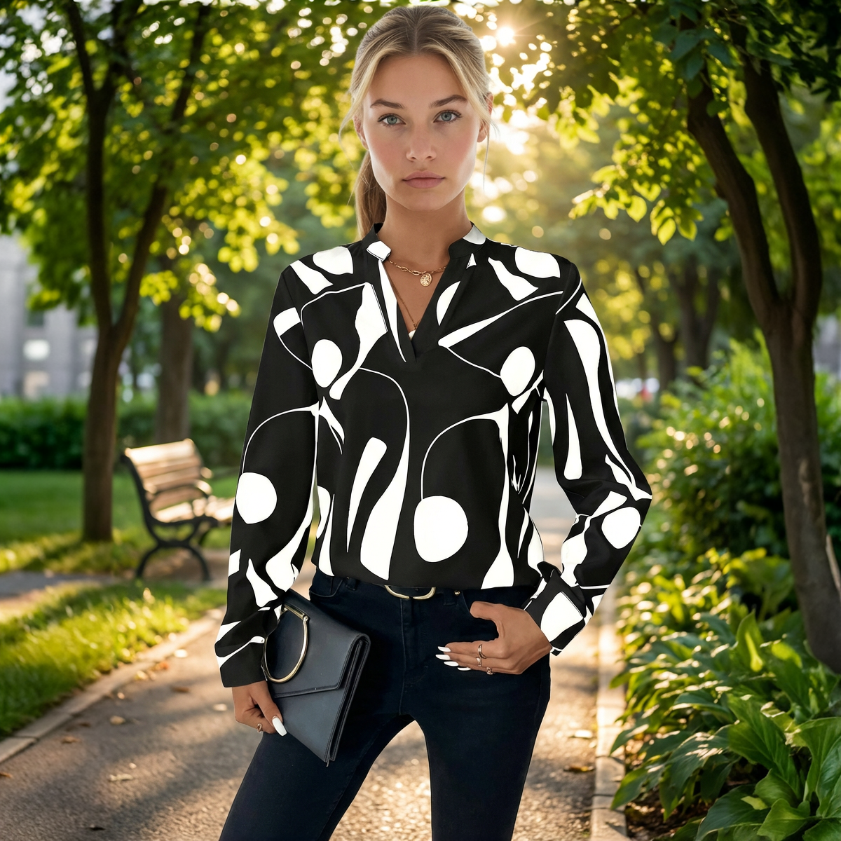 Elegante Blouse met Opstaande Kraag en Print