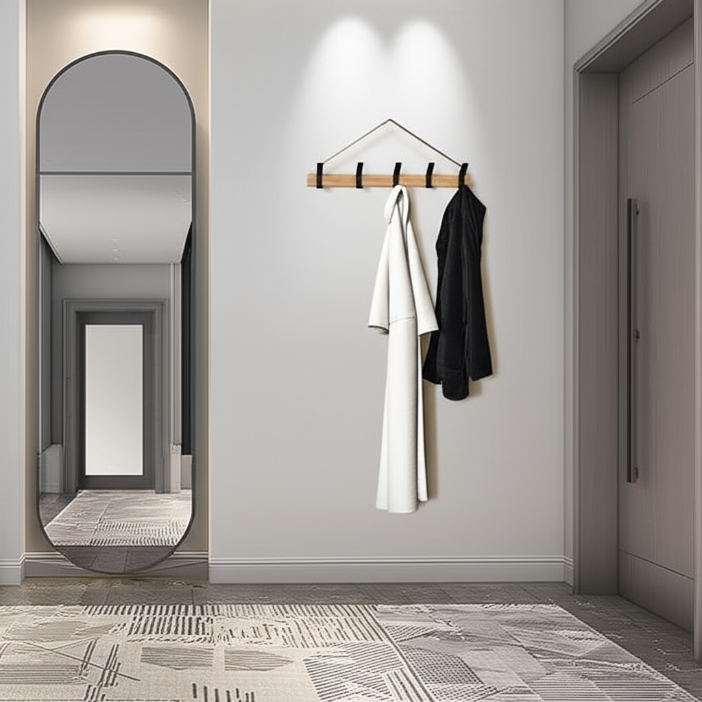 Wandkapstok – Verstelbare Haken – Zwart – Scandinavisch Design – Voor Hal en Slaapkamer – Hout en Aluminium – Afmetingen 40 x 7 x 7 cm