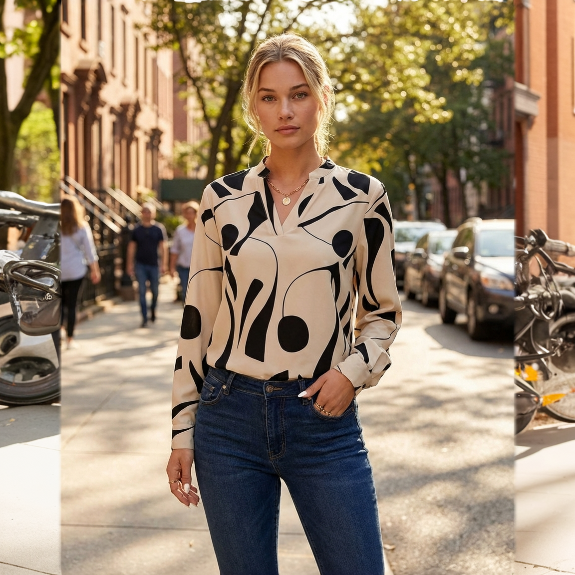 Elegante Blouse met Opstaande Kraag en Print